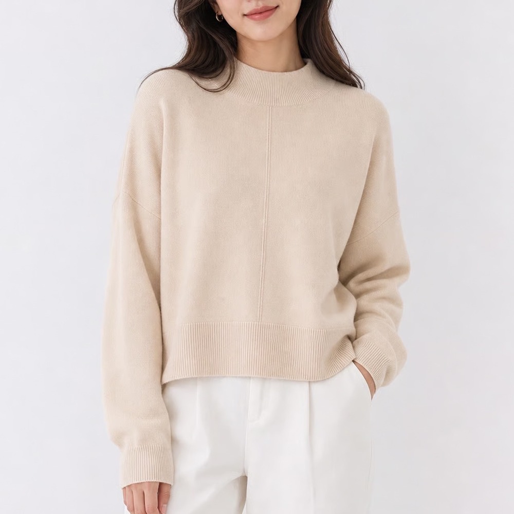 Fashion Mock Neck Cream Knit Sweater Oversized Center Seam Pullover XL